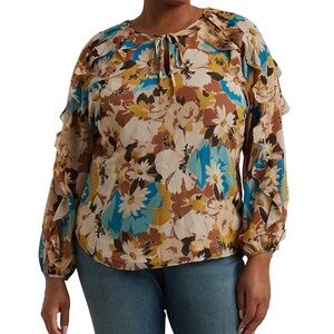 NWT Lauren Ralph Lauren Floral Crinkle Georgette Tie-Neck Blouse Size 3X
